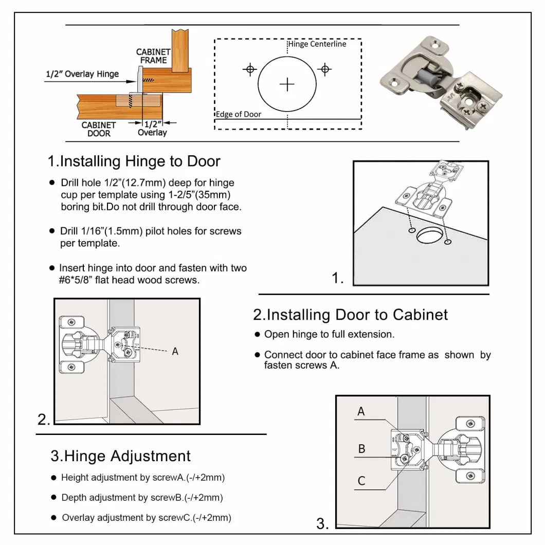 3 Way Adjustable Hidden Face Frame Kitchen Cabinet Door Hinge