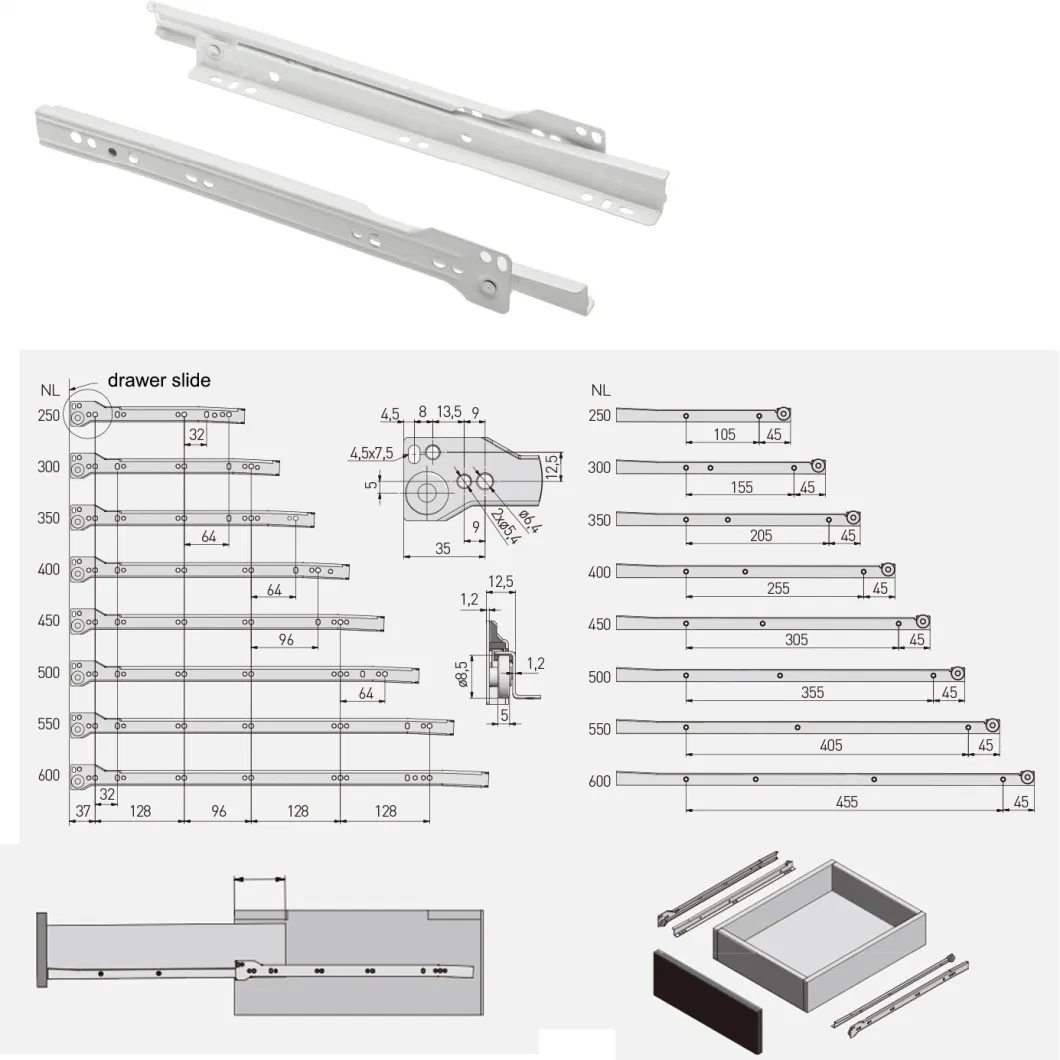 Furniture Hardware Cabinet Bottom Mounted Drawer Slide Powder Painting Drawer Runner Telescopic Slide